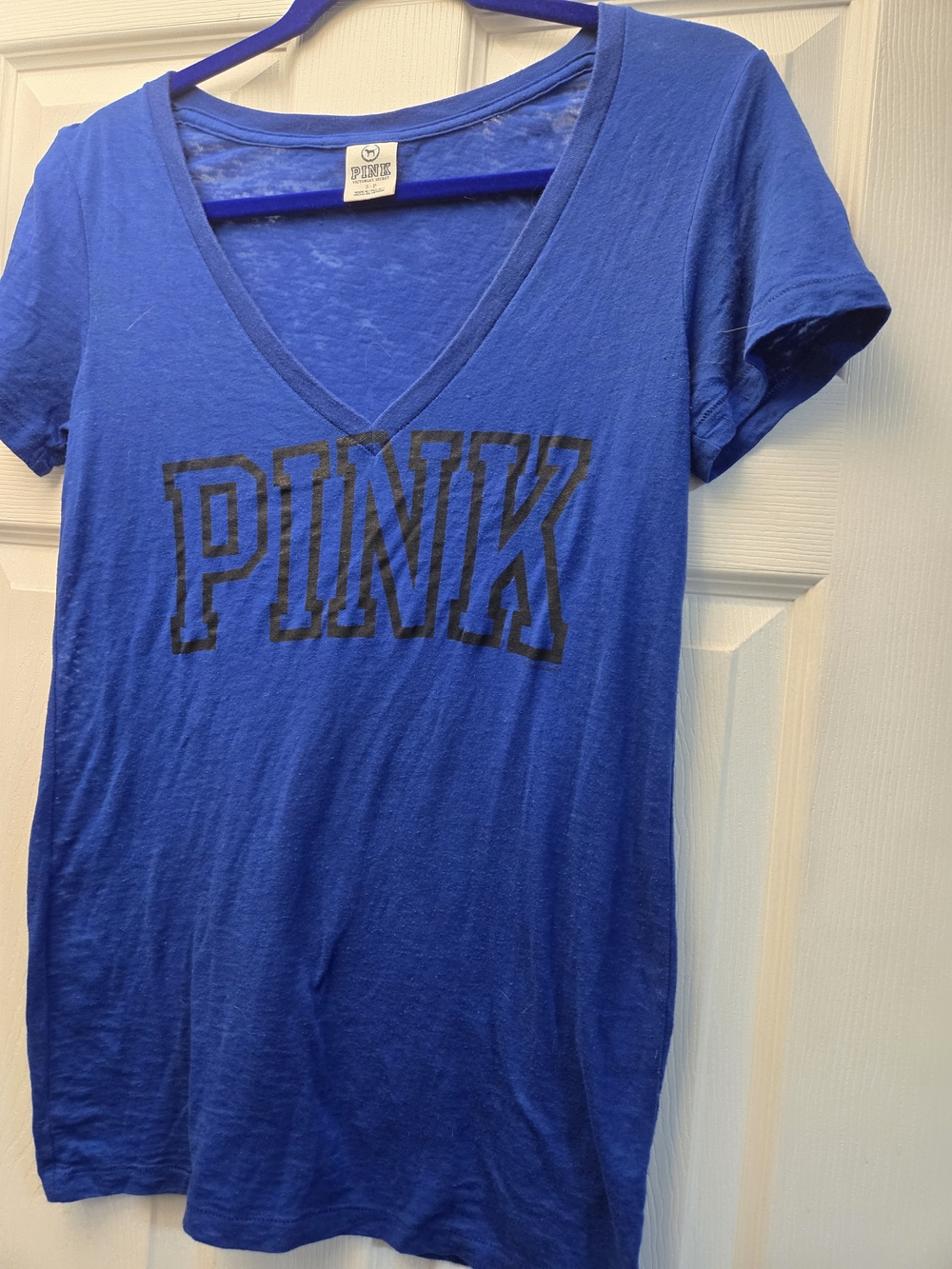 PINK Lightweight Royal Blue V‑Neck Short Sleeve Tee with Black Logo